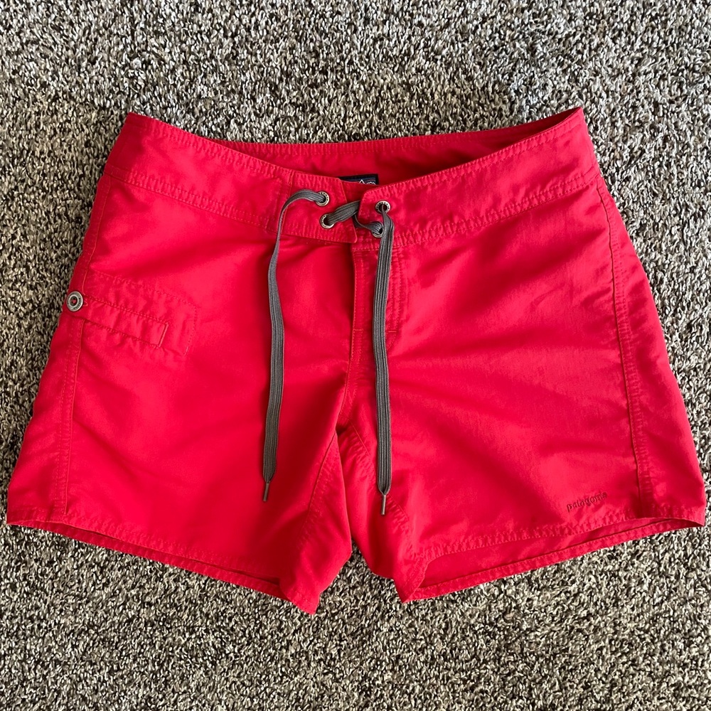 Patagonia Women’s Bright Red Swim Shorts with Gray Drawstring